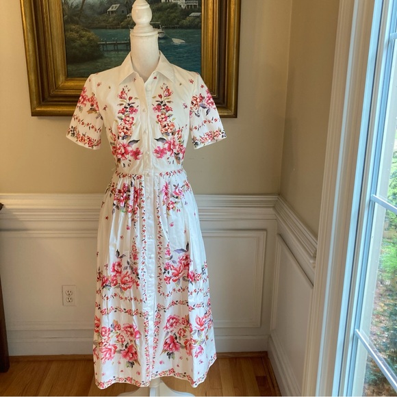 ANTONIO MELANI White Pink Floral Cotton Shirt Dress - Picture 8 of 9